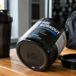 Pre-workout supplement tub with visible expiration date on a gym bench illustrating pre-workout shelf life and expiration.