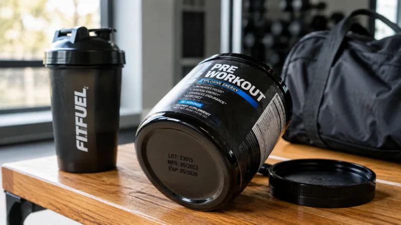 Pre-workout supplement tub with visible expiration date on a gym bench illustrating pre-workout shelf life and expiration.