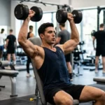Lifter performing a seated dumbbell Arnold press to show the Arnold press muscles worked in the shoulders and triceps