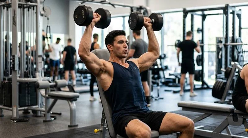 Lifter performing a seated dumbbell Arnold press to show the Arnold press muscles worked in the shoulders and triceps