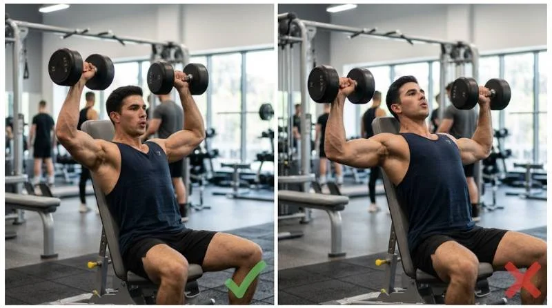 Comparison of correct and incorrect form showing how posture affects the Arnold press muscles worked