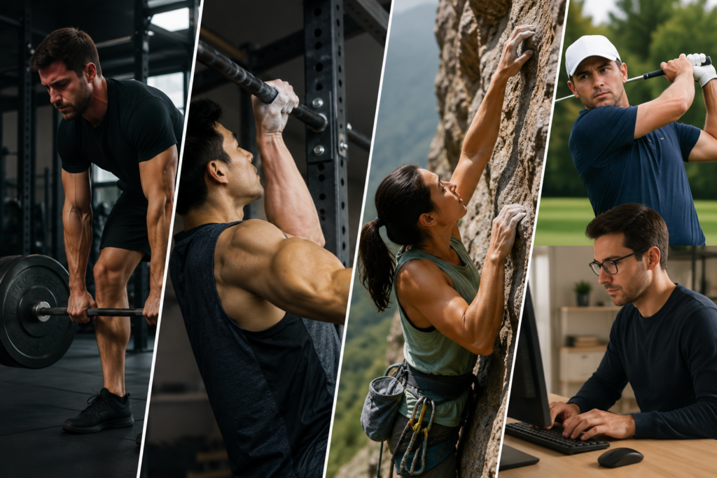 Forearm and grip strength training for weightlifters, climbers, golfers, and office workers.
