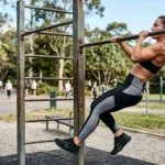 Person performing a commando pull-up on an outdoor bar