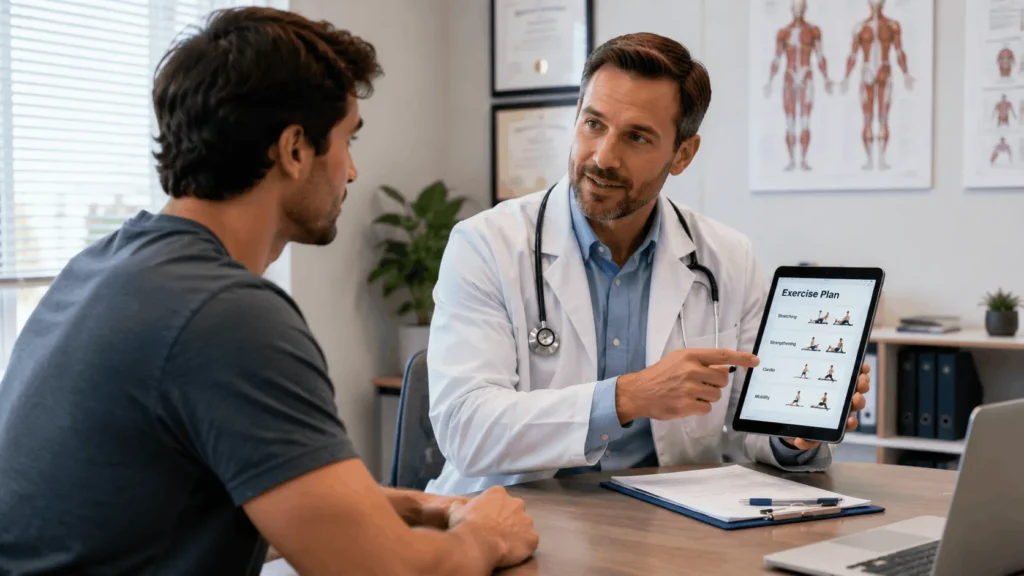 Patient discussing exercise safety with a doctor before trying the dead bug exercise