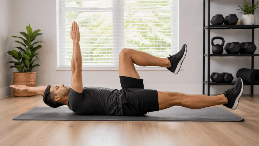 Person performing the dead bug exercise on a mat with arms and legs raised for core stability
