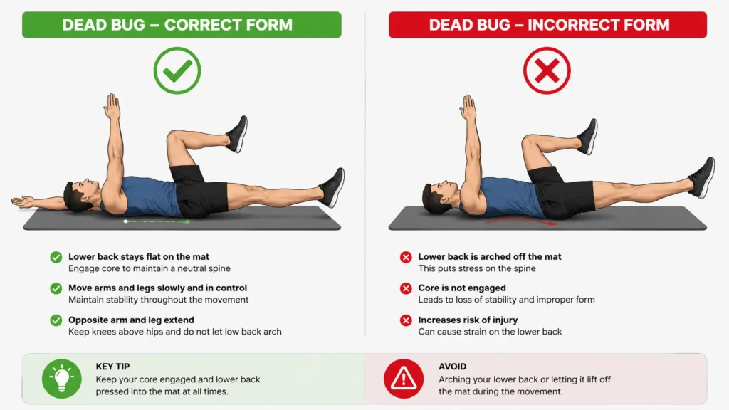 Step by step sequence of the dead bug exercise showing starting and extended positions