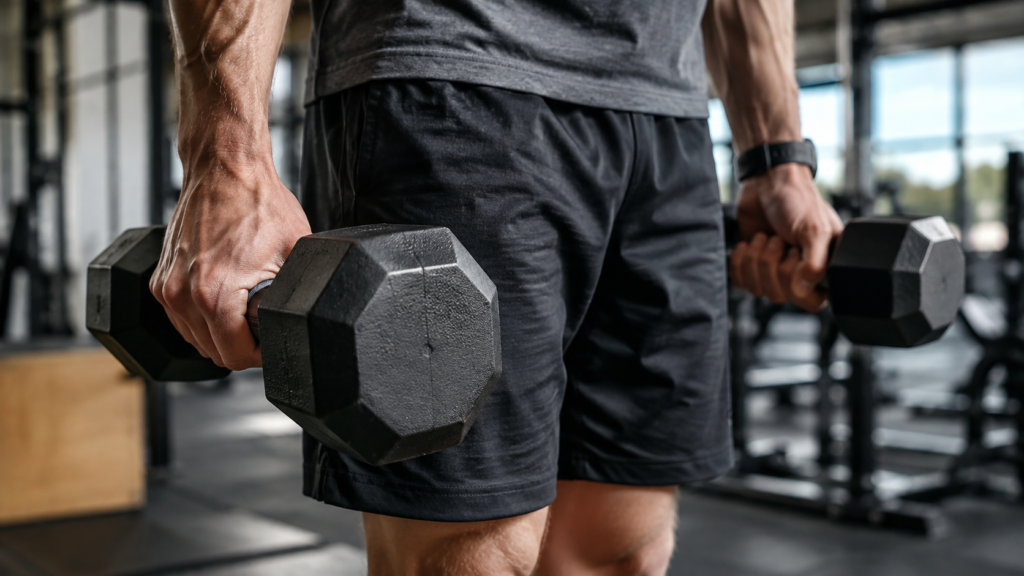 Farmer's carry exercise using dumbbells to build grip and forearm endurance