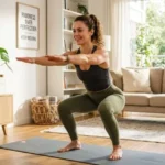 Woman performing a bodyweight squat as part of a HIIT workout plan for beginners