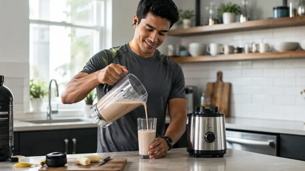 Person pouring a homemade post workout protein shake into a glass after a workout