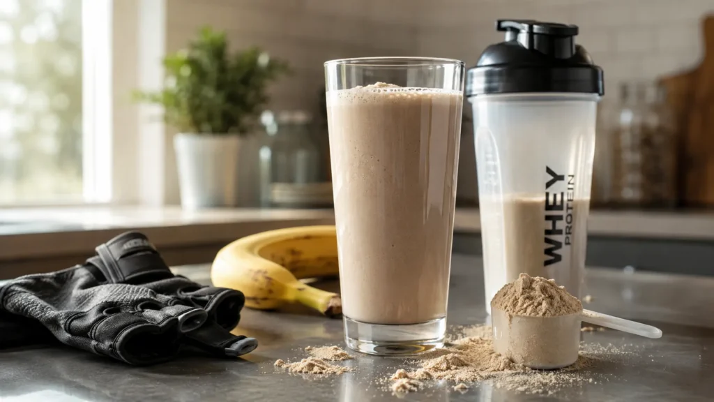 Post workout protein shake in a glass next to a shaker bottle and banana on a kitchen counter