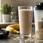 Post workout protein shake in a glass next to a shaker bottle and banana on a kitchen counter