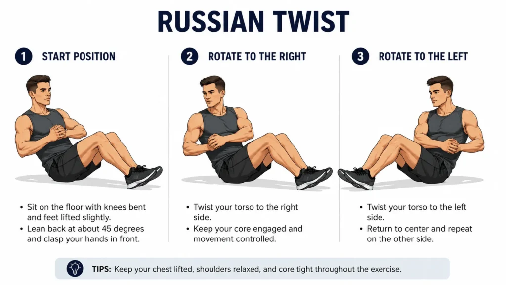 Diagram showing correct Russian twist exercise form through each phase