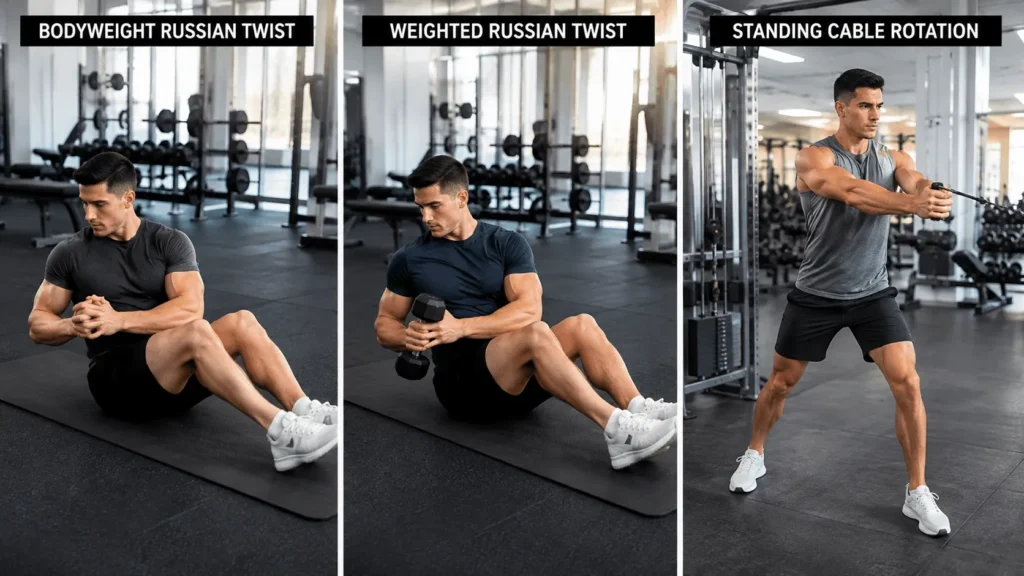 Three Russian twist exercise variations shown from beginner to advanced