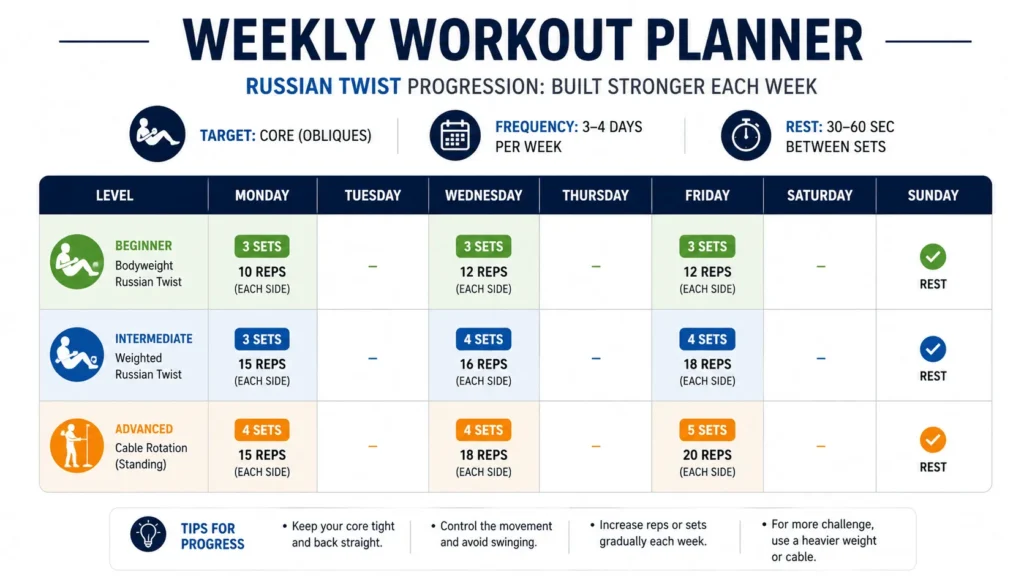 Weekly progression plan for the Russian twist exercise by fitness level