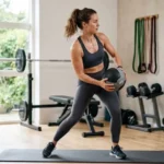 Woman performing a standing ab workout oblique twist with a medicine ball