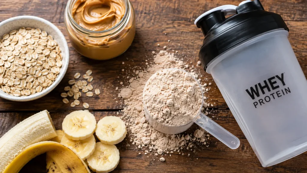 Ingredients for a post workout protein shake including protein powder, banana, oats, and peanut butter