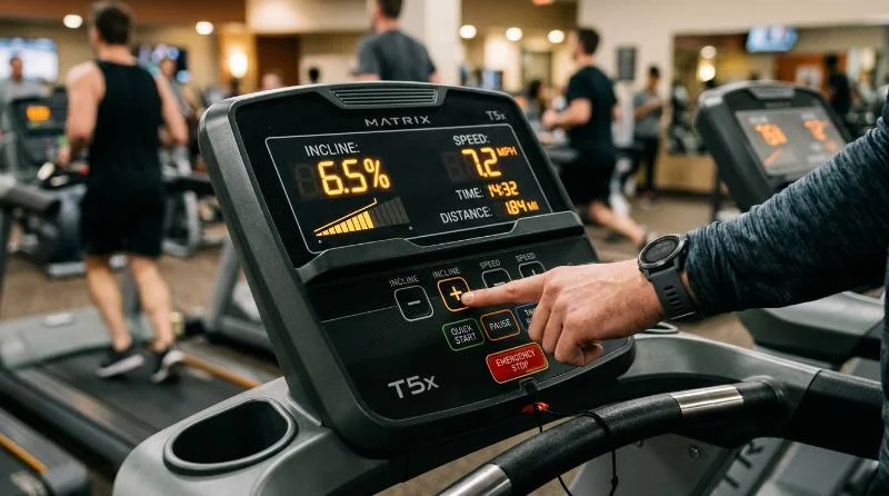 Hand adjusting incline settings during a treadmill workout for fat loss
