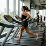 Person performing a treadmill workout in a well-lit gym
