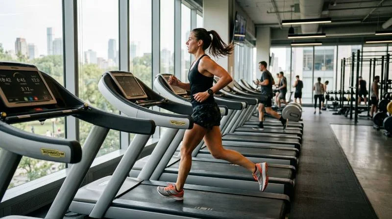 Person performing a treadmill workout in a well-lit gym