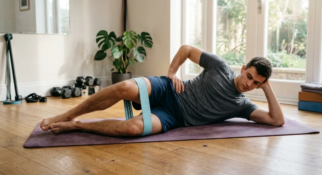 Man doing a banded clamshell exercise with a mini loop band