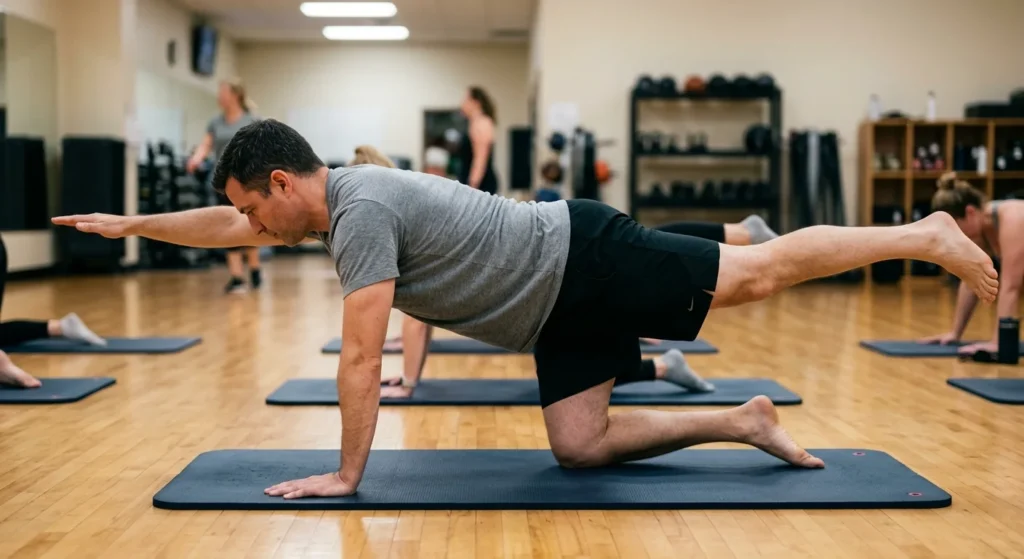 Man demonstrating bird dogs workout form with a level back and extended limbs