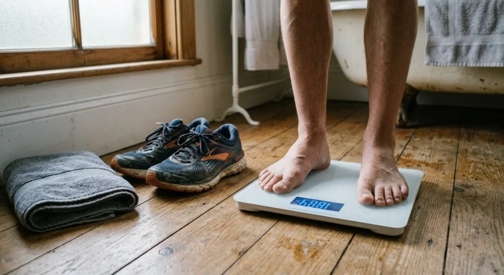 Man weighing himself before working out how many calories he burns running a mile