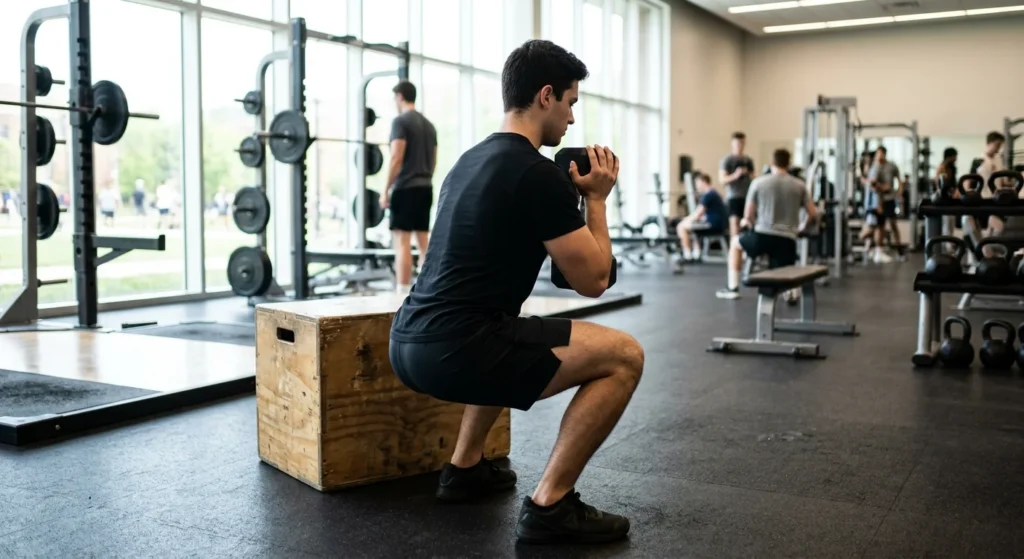 Man performing a box goblet squat with a dumbbell in a recreation center