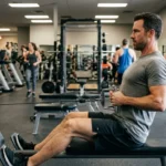 Man performing a seated cable row, one of the best cable back exercises for the mid back