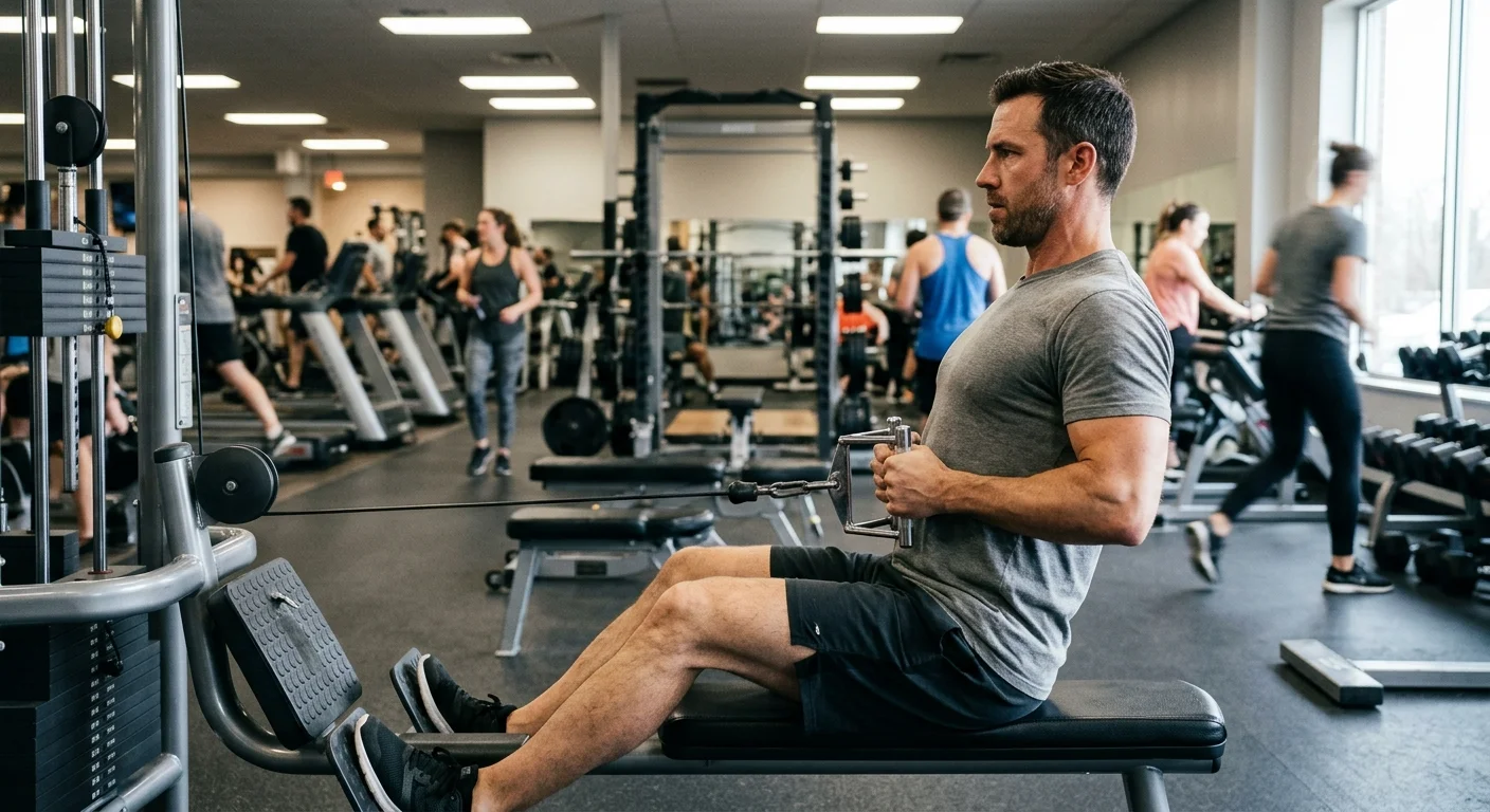 Man performing a seated cable row, one of the best cable back exercises for the mid back