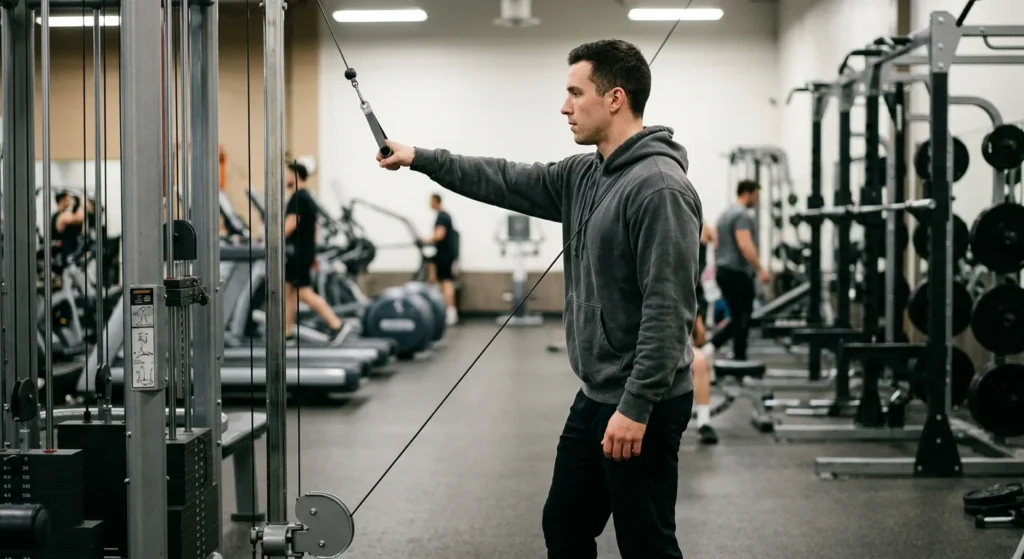 Cable version of what are lateral raises performed at a low pulley in a gym
