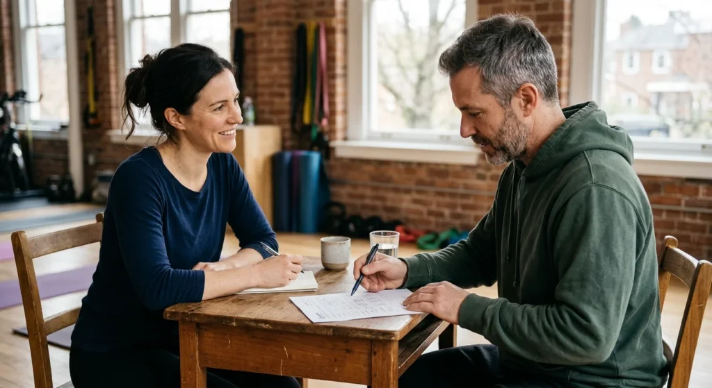 Client and practitioner reviewing a plan before a muscle activation technique session
