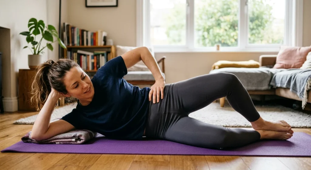 Woman performing a clamshell exercise on a yoga mat at home