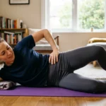 Woman performing a clamshell exercise on a yoga mat at home