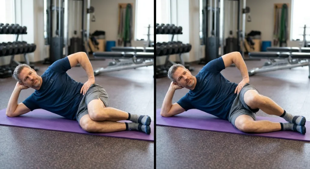 Start and top positions of the clamshell exercise with hips stacked