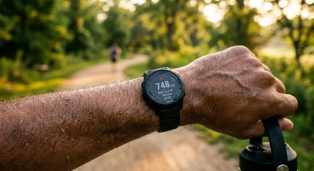 Fitness watch showing a calorie estimate after a mile run, which can differ from how many calories you burn running a mile