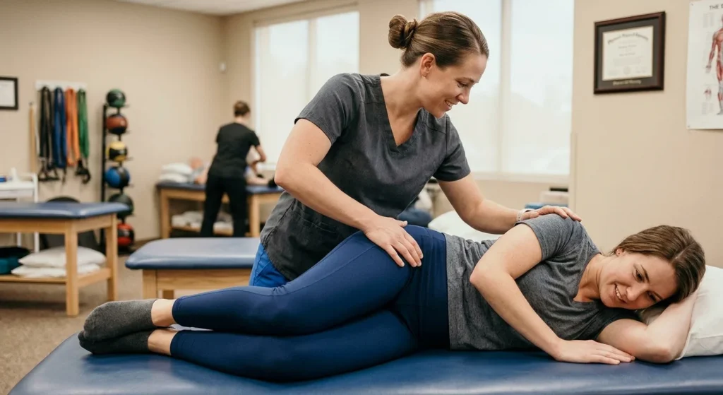 Physical therapist correcting pelvis position during a clamshell exercise