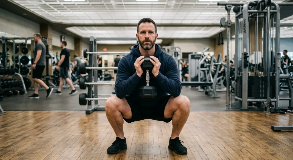 Bottom position of a goblet squat with a dumbbell and elbows inside the knees