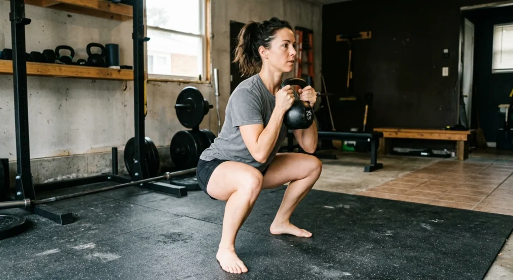 Woman performing a goblet squat with a kettlebell in a home gym