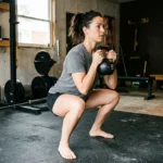 Woman performing a goblet squat with a kettlebell in a home gym