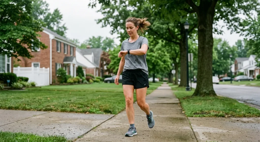 Runner checking her watch after finishing a mile to see how many calories she burned running a mile