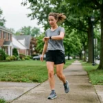 Runner checking her watch after finishing a mile to see how many calories she burned running a mile