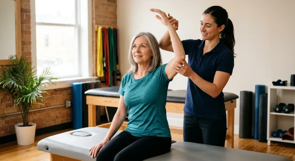 Trainer testing a client's shoulder range of motion during a muscle activation technique assessment
