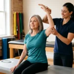 Trainer testing a client's shoulder range of motion during a muscle activation technique assessment