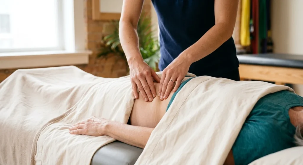Practitioner applying manual input during a muscle activation technique session