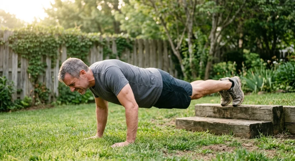 Man doing an elevated push-up outdoors to build muscular strength without equipment
