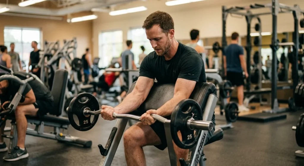 Lifter training the short head bicep with a preacher curl in a gym
