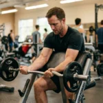 Lifter training the short head bicep with a preacher curl in a gym
