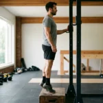 Man performing standing calf raises on a gym step