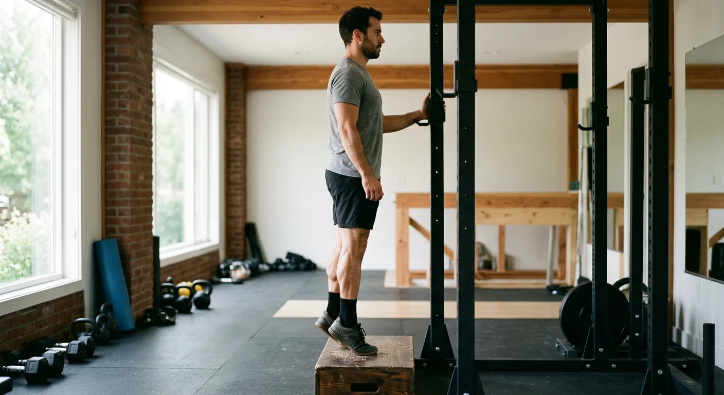 Man performing standing calf raises on a gym step