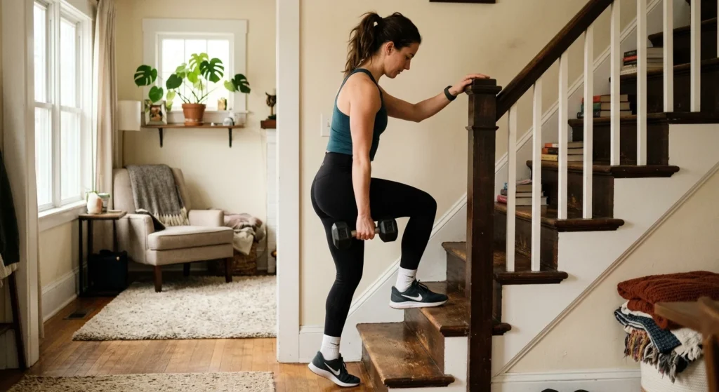Bottom position of standing calf raises with heels below the step